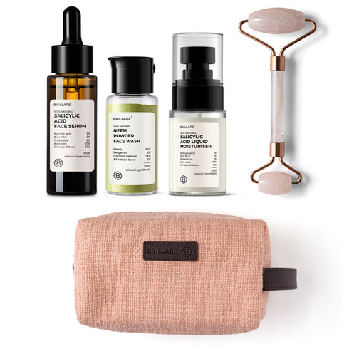 Brillare Salicylic Acid Face Serum and Powder Face Wash and Liquid Moisturizer With Jade Roller and Baby Pink Pouch