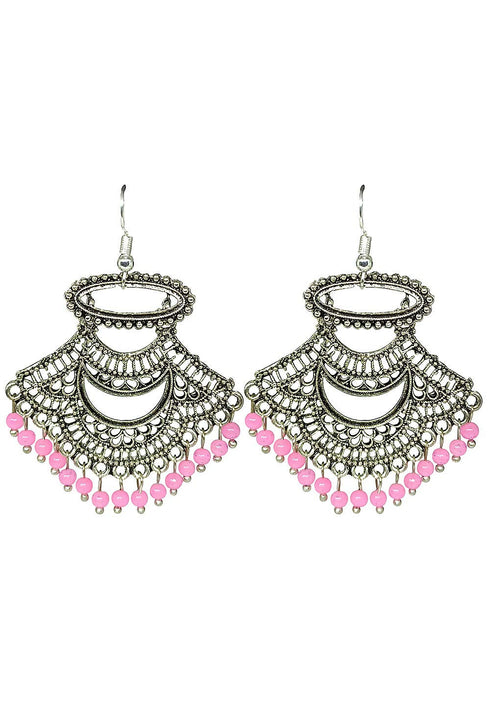 Oxidised Silver Pink Pearls Ethnic Drop Earrings 15g