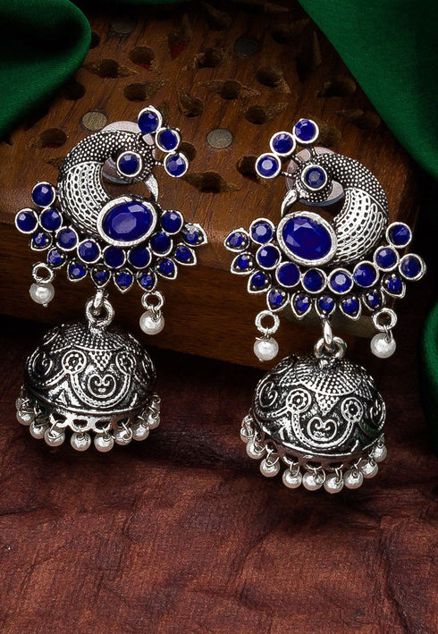 Peacock Blue Stone Oxidised Jhumka Style Earrings 20g