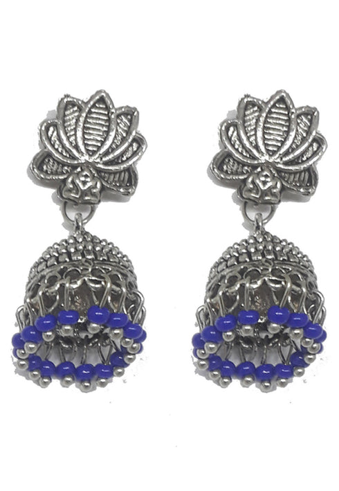 Lotus Silver Blue Beads Oxidised Earrings 15g