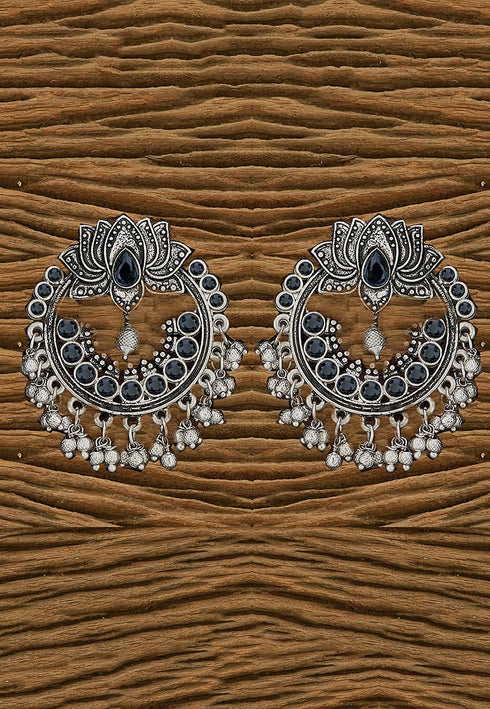 Silver Beads and Black Stone Oxidised Chandbali 15g