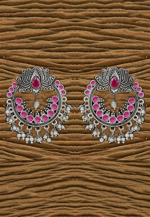 Silver Beads and Pink Stone Oxidised Chandbali 15g