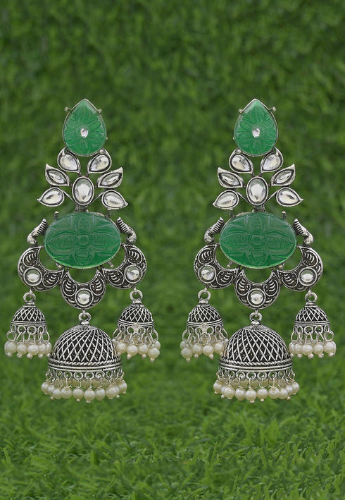 Oxidised Green and white Stone Studded Jhumka Style Earrings 20g