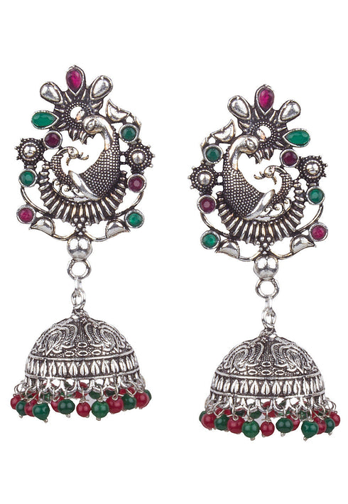 Red and Green Beads Oxidised Jhumka Earrings