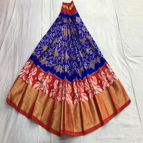 Pochampally Ikkat Dark Blue Lehenga With Red Jari Border