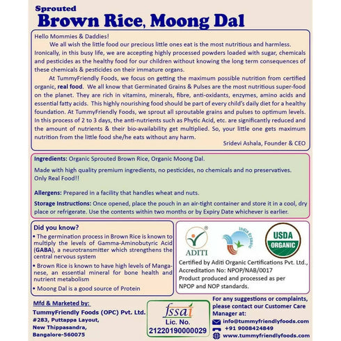 TummyFriendly Foods Organic Sprouted Brown Rice | Moong Dal Porridge Mix