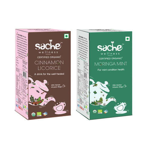 Sache Wellness Combo Pack of Organic Cinnamon Licorice | Moringa Mint 25 Infusion Bags