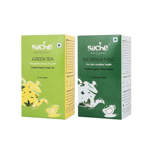 Sache Wellness Combo Pack of Organic Green Tea 25 Tea Bags | Moringa Mint 25 tea bags