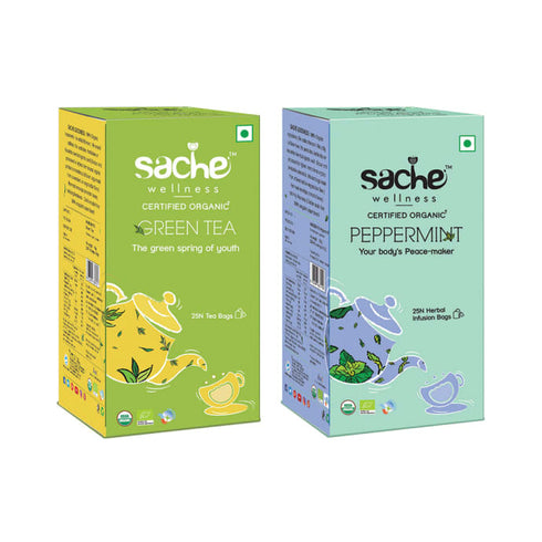 Sache Wellness Combo Pack of Organic Green Tea 25 Tea Bags | Peppermint 25 Infusion Bags