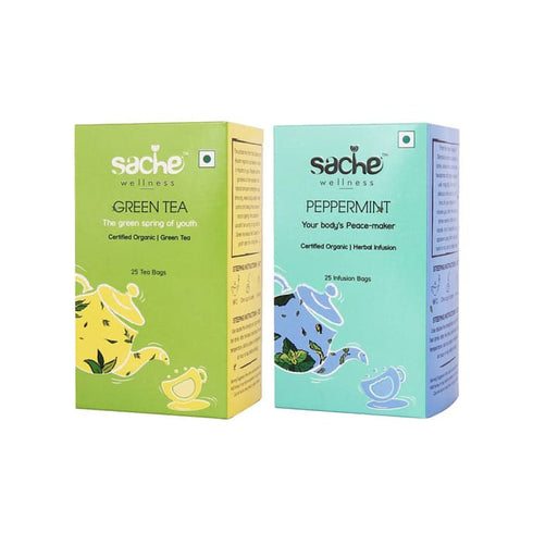 Sache Wellness Combo Pack of Organic Green Tea 25 Tea Bags | Peppermint 25 tea bags