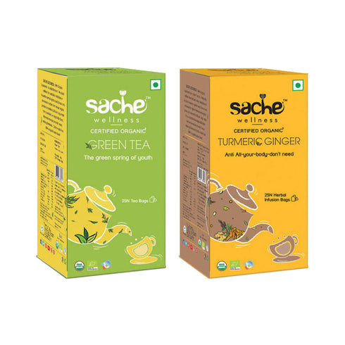 Sache Wellness Combo Pack of Organic Green Tea 25 Tea Bags | Turmeric Ginger 25 tea bags