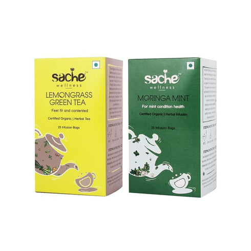 Sache Wellness Combo Pack of Organic Lemongrass Green Tea | Moringa Mint 25 tea bags