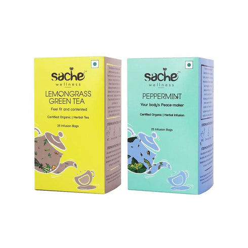 Sache Wellness Combo Pack of Organic Lemongrass Green Tea | Peppermint 25 Infusion Bags