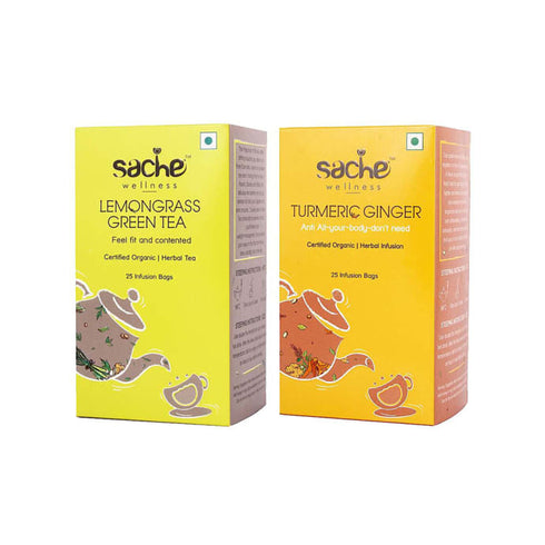 Sache Wellness Combo Pack of Organic Lemongrass Green Tea | Turmeric Ginger 25 Infusion Bags