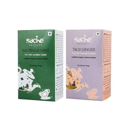 Sache Wellness Combo Pack of Organic Moringa Mint | Tulsi Ginger 25 Infusion Bags