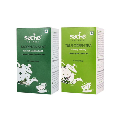 Sache Wellness Combo Pack of Organic Moringa Mint | Tulsi Green Tea 25 tea bags