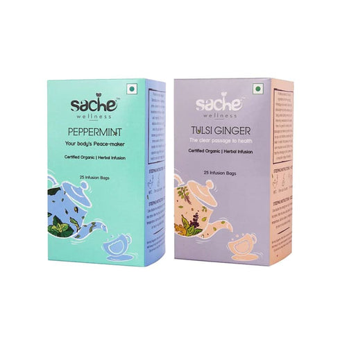 Sache Wellness Combo Pack of Organic Peppermint | Tulsi Ginger 25 tea bags