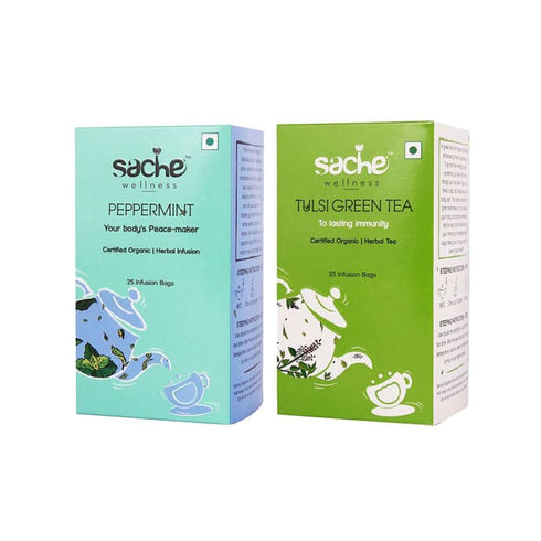 Sache Wellness Combo Pack of Organic Peppermint | Tulsi Green Tea 25 tea bags
