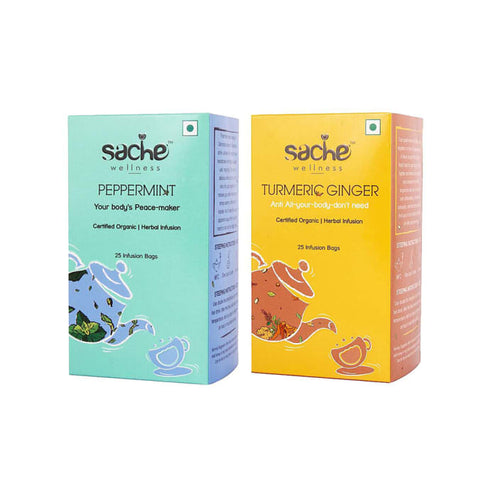 Sache Wellness Combo Pack of Organic Peppermint | Turmeric Ginger 25 tea bags