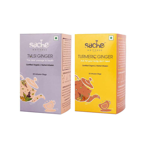 Sache Wellness Combo Pack of Organic Tulsi Ginger | Turmeric Ginger 25 Infusion Bags