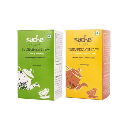 Sache Wellness Combo Pack of Organic Tulsi Green Tea | Turmeric Ginger 25 Infusion Bags