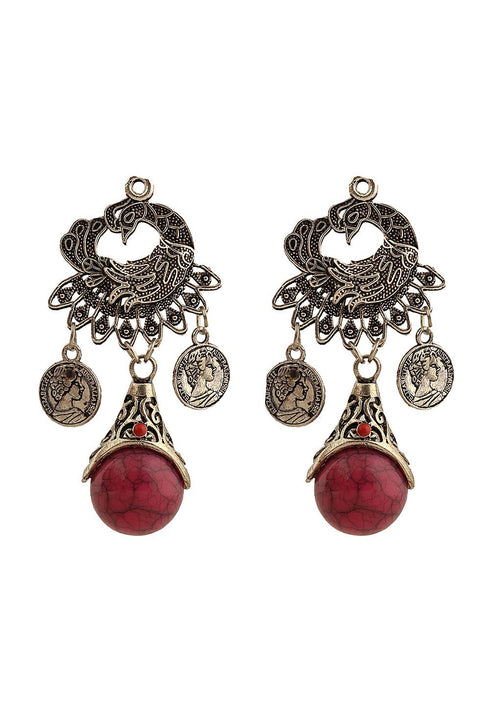 Red Stone Droup Oxidised Earrings 15g