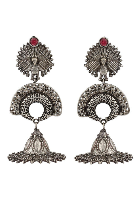 Oxidised Peacock Studded Jhumka Style Earrings 20g