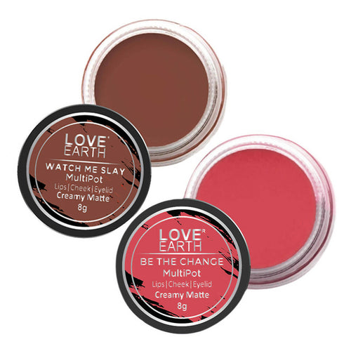 Love Earth Lip Tint and Cheek Tint Multipot Combo |Rose Pink and Caramel Brown