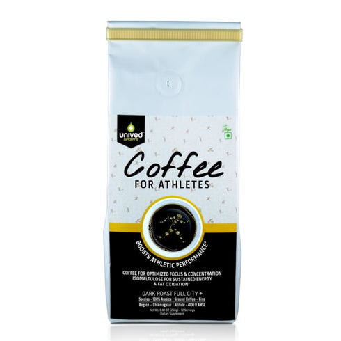 Unived Sports Coffee for Athletes 100% Premium Arabica Coffee with Isomaltulose Dark Roast Finely Ground 250g Powder