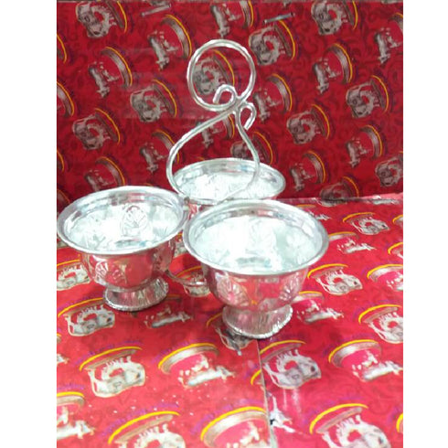German Silver KumKum Set With 3 Cups Flower Design ( Pack Of 10 ) - 260gms