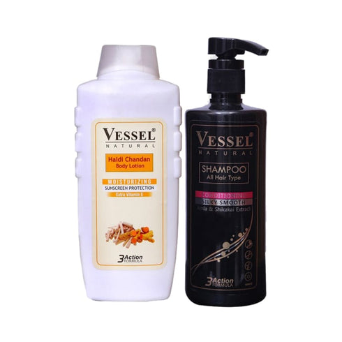 Vessel Combo Pack of Haldi Chandan Moisturizing Body Lotion and 3 Action Formula Shampoo with Conditioner
