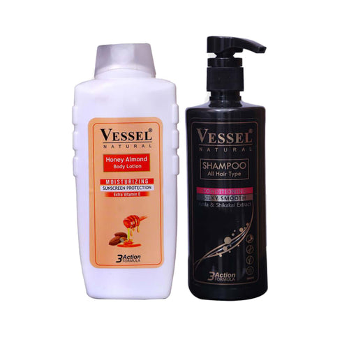 Vessel Combo Pack of Honey Almond Moisturizing Body Lotion and 3 Action Formula Shampoo with Conditioner