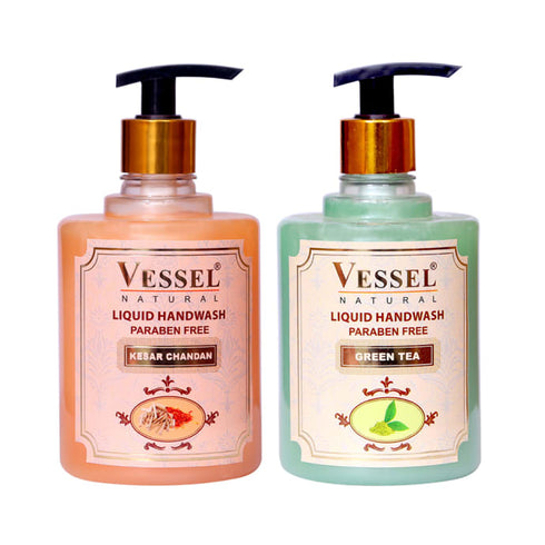 Vessel Combo Pack of Natural Paraben Free Premium Liquid Handwash Green Tea and Kesar Chandan