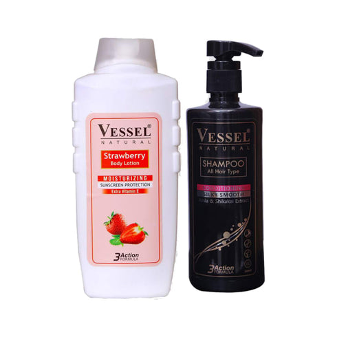 Vessel Combo Pack of Strawberry Moisturizing Body Lotion and 3 Action Formula Shampoo with Conditioner