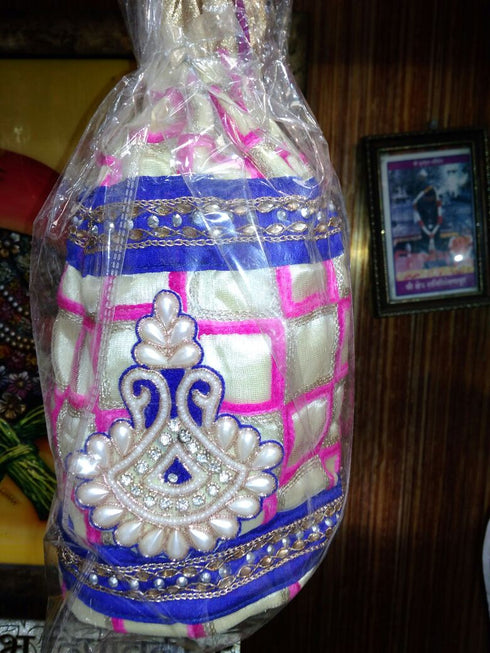White And Blue Color Potli Bags With Kundan