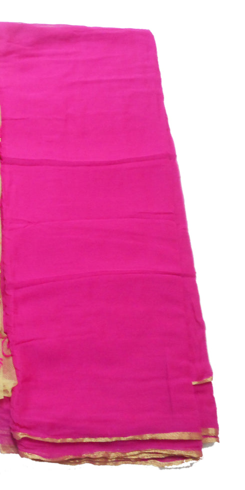 Plain Rani Pink With Gold Border Georgette Saree