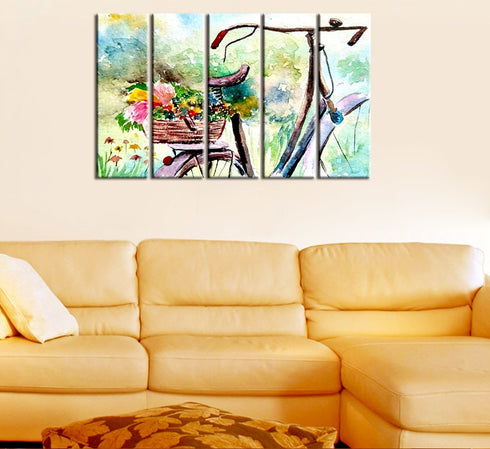 Beautiful Flower Basket And Bicycle Canvas Wall Hanging