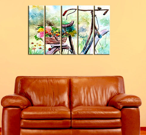 Beautiful Flower Basket And Bicycle Canvas Wall Hanging
