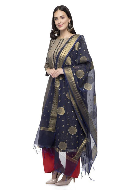 A R Silk Women's Vanarsi Silk Zari Boarder Embroidery Navy Blue Fancy Dupatta