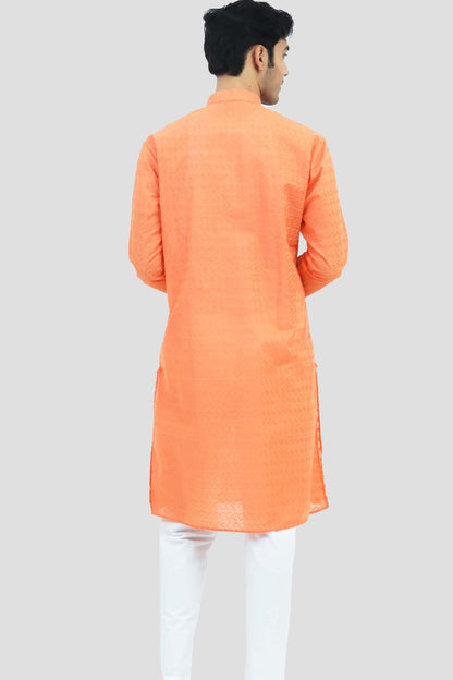 Veshbhoshaa Bluesaanchi Men'S Light Orange Murli Chikankari Embroidery Kurta Pyjama Set - PUSHMYCART
