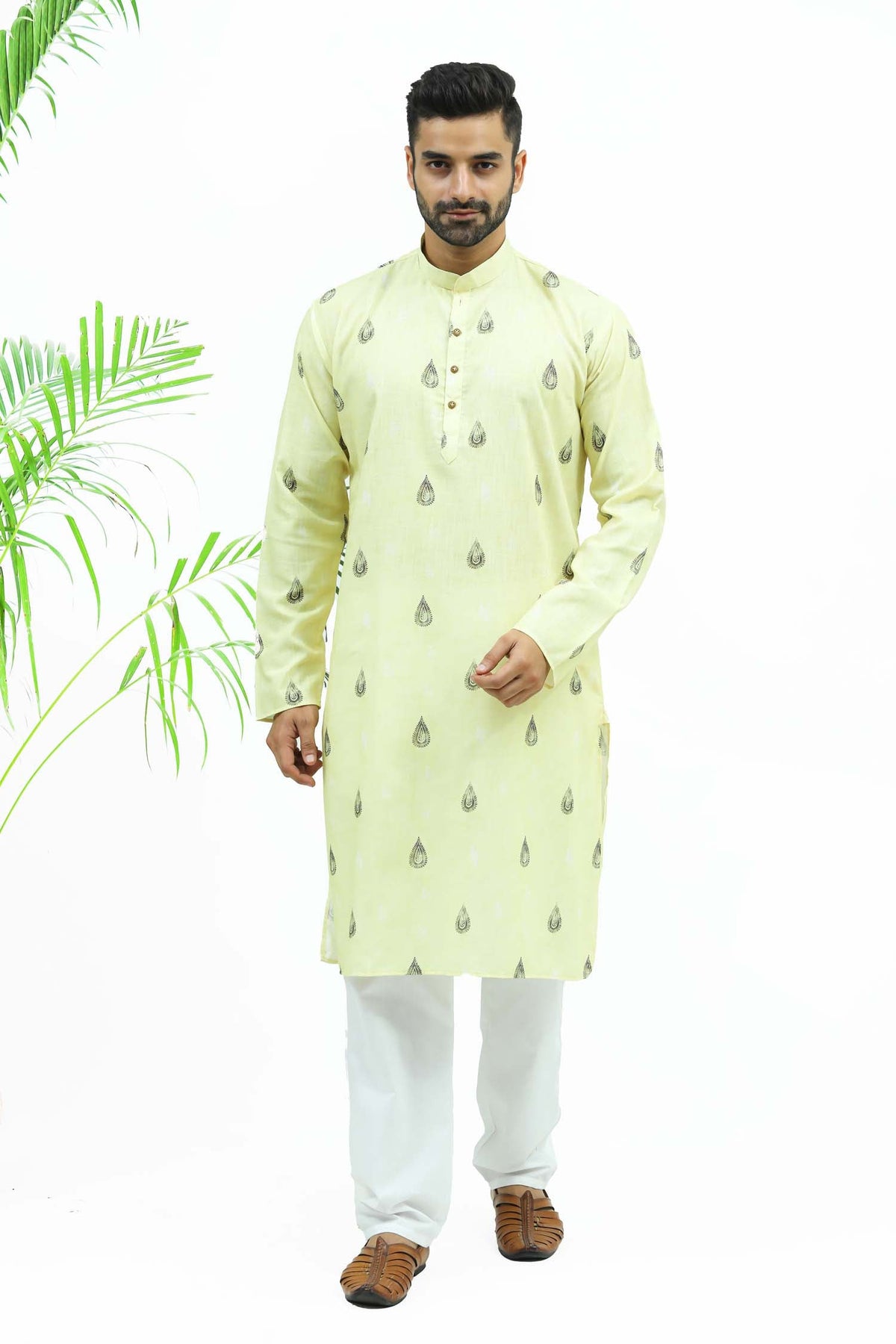 Veshbhoshaa Bluesaanchi Men'S Light Yellow Printed Kurta Set - PUSHMYCART
