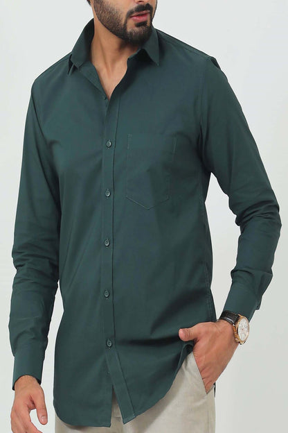 BLUEBIRD MEN'S OLIVE GREEN COTTON LYCRA FORMAL SHIRT