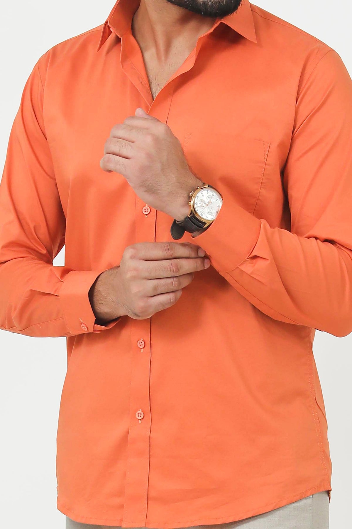 BLUEBIRD MEN'S ORANGE COTTON LYCRA FORMAL SHIRT