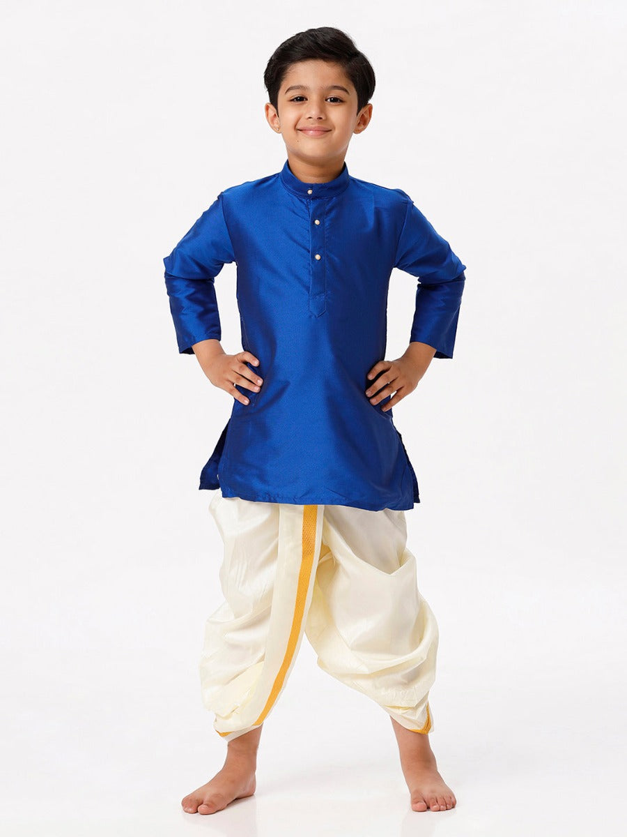 Ramraj Cotton Boys Silk Cotton Full Sleeves Royal Blue Kurta with Panchakacham Combo