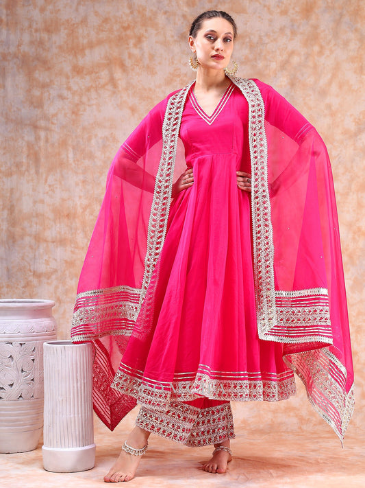 Adaa Pink Rose Cotton Anarkali Set With Soft Net Dupatta