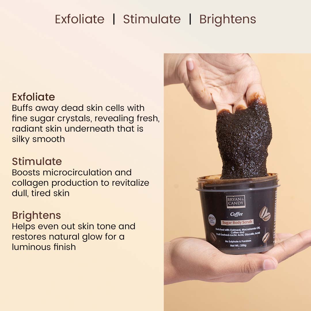 Bryan & Candy Coffee Sugar Body Scrub in a sleek jar, with coffee beans and sugar granules. - Image 2