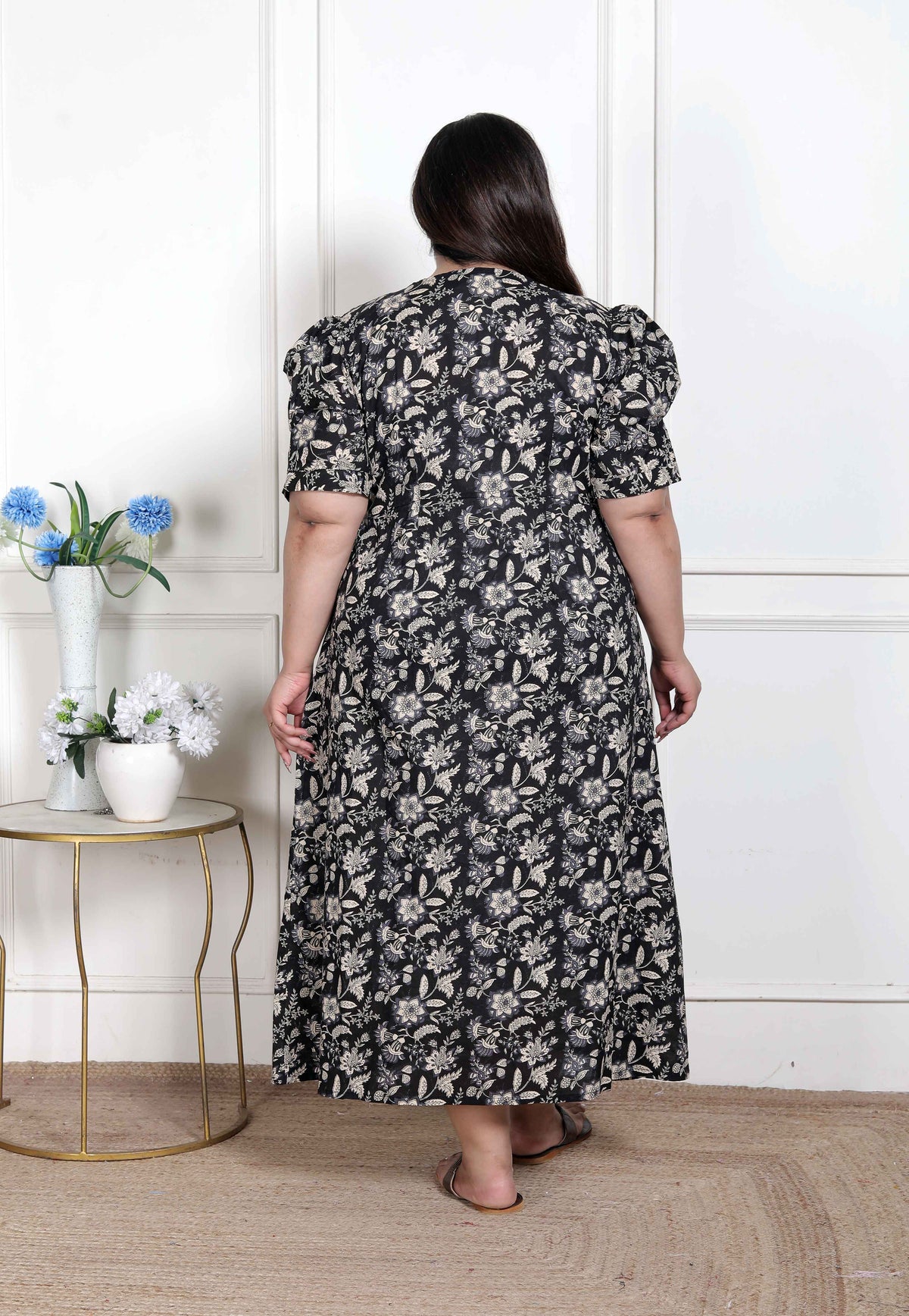 Miravan WOMENS Plus Size Pleated Puff Sleeve Floral Pure Cotton Black And White Butterfly Maxi Dress - view 3