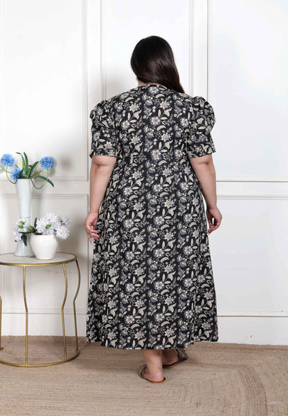Miravan WOMENS Plus Size Pleated Puff Sleeve Floral Pure Cotton Black And White Butterfly Maxi Dress - view 3