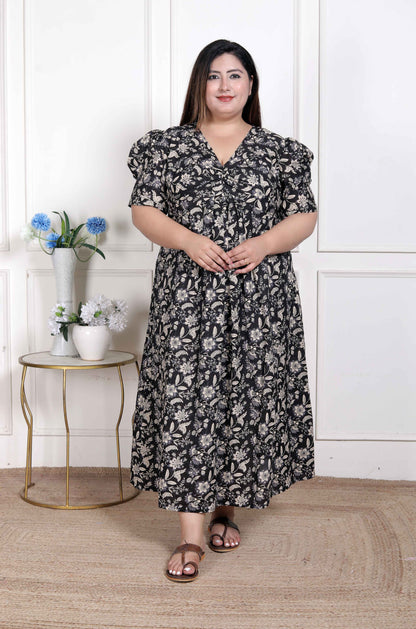 Miravan WOMENS Plus Size Pleated Puff Sleeve Floral Pure Cotton Black And White Butterfly Maxi Dress