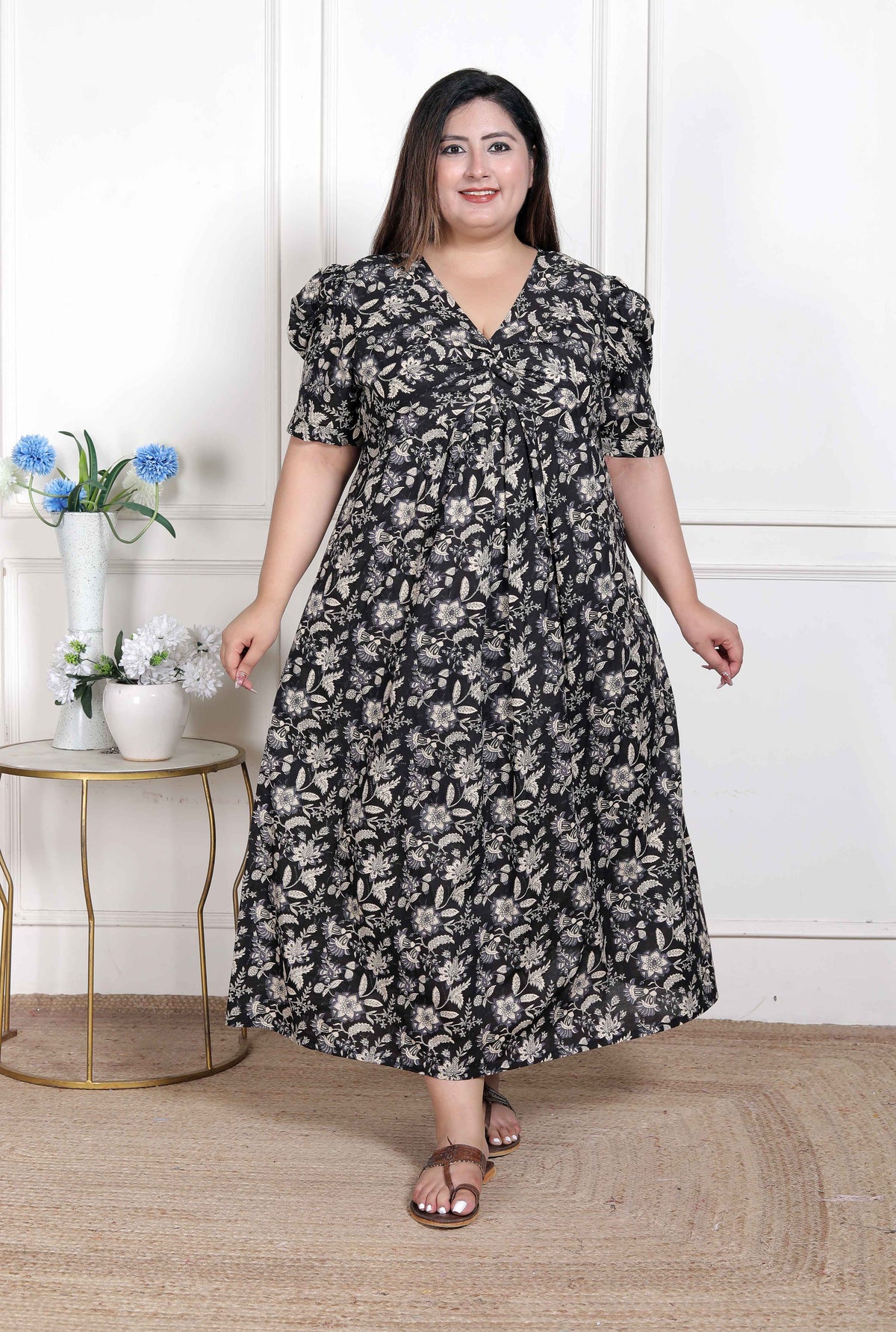 Miravan WOMENS Plus Size Pleated Puff Sleeve Floral Pure Cotton Black And White Butterfly Maxi Dress - view 5